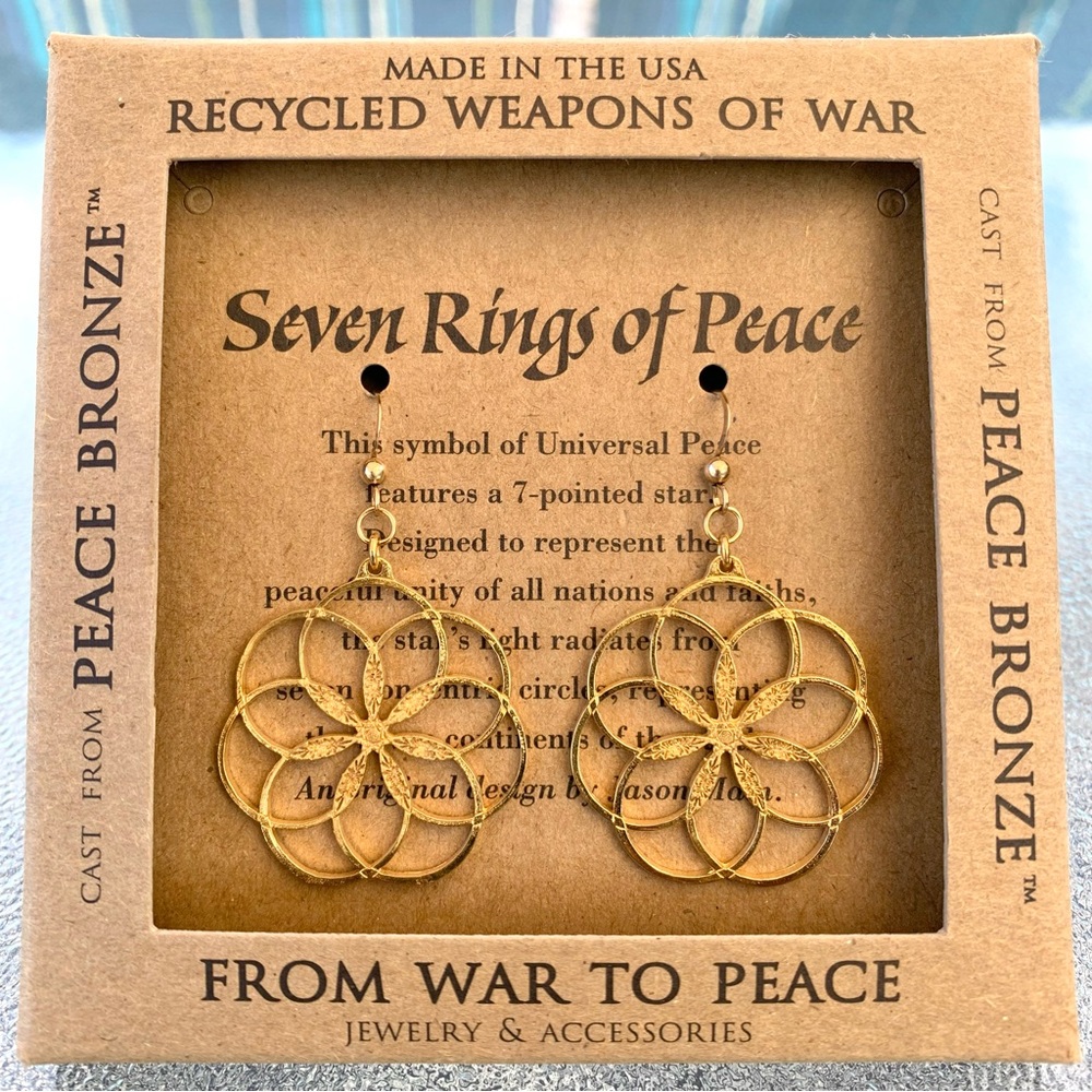 Gold-Dipped Bronze Seven Rings of Peace Floral Dangling Earrings